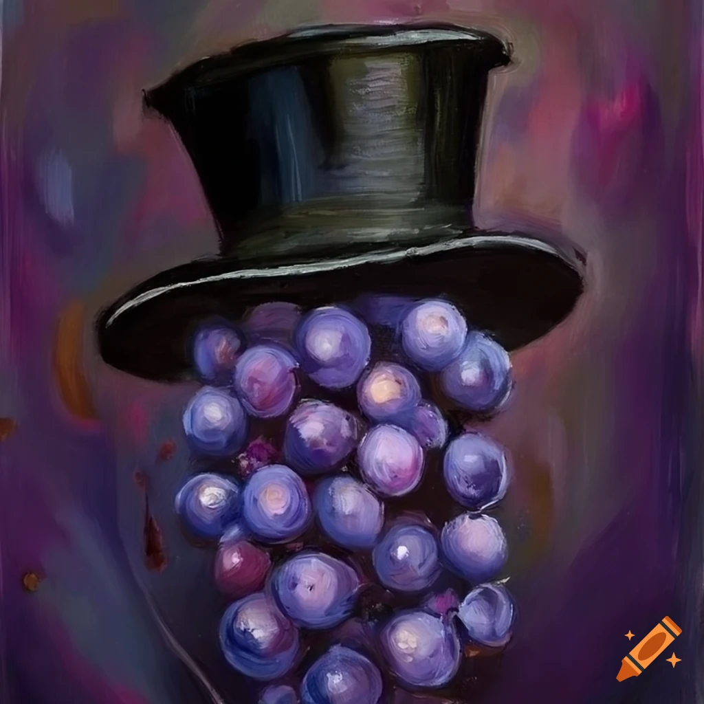 Whimsical oil painting of a grape with a top hat on Craiyon