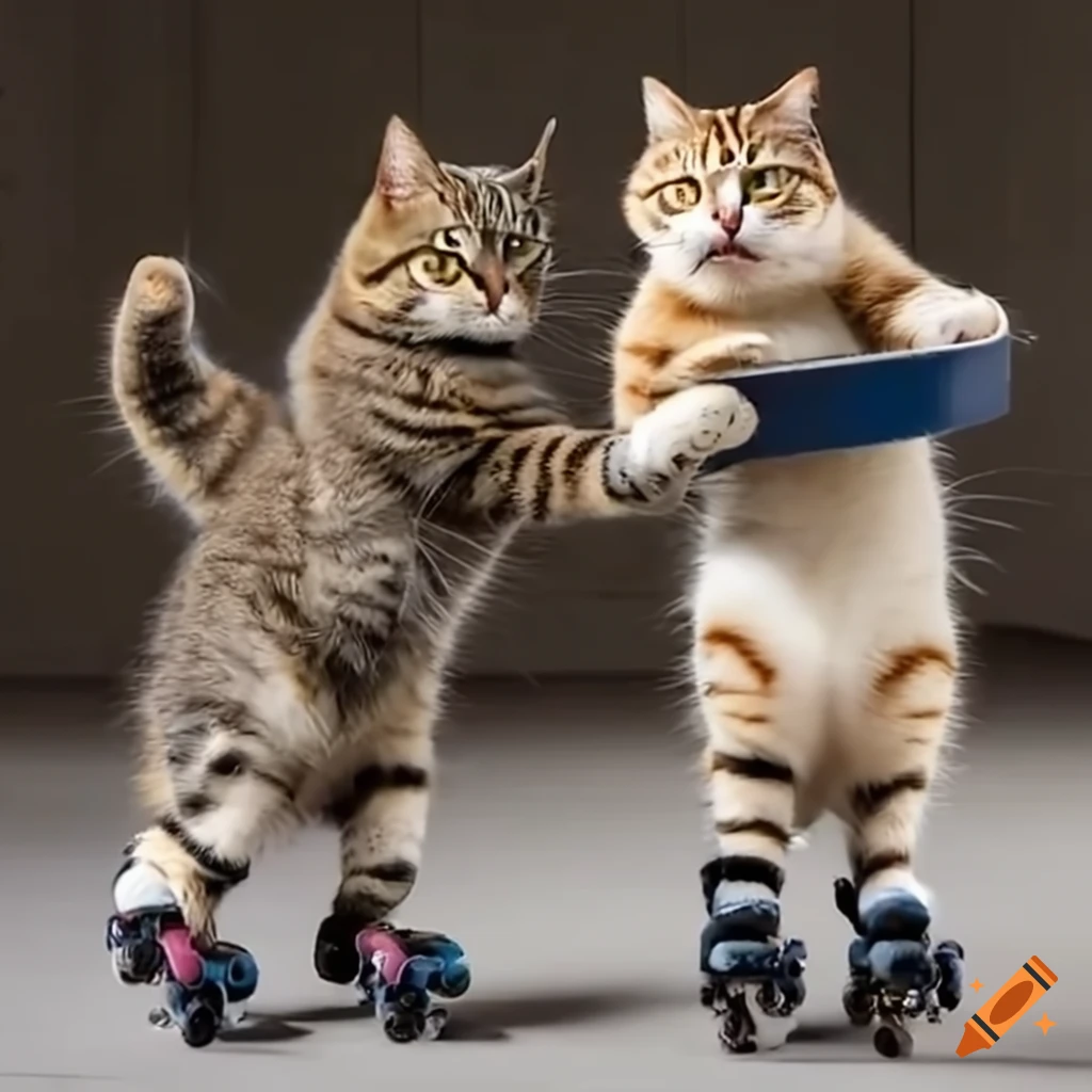 Cats in roller skates with plates