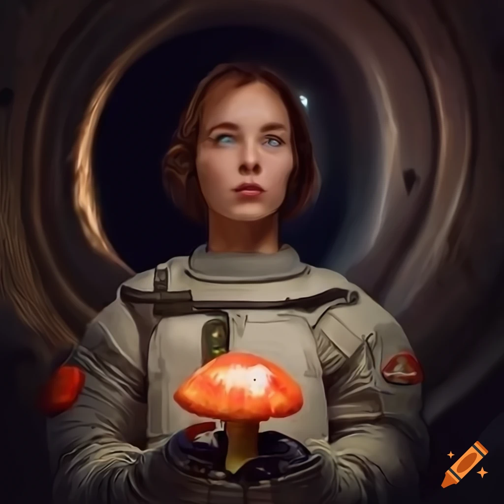 photo realistic female wolf astronaut in an alien cave tunnel