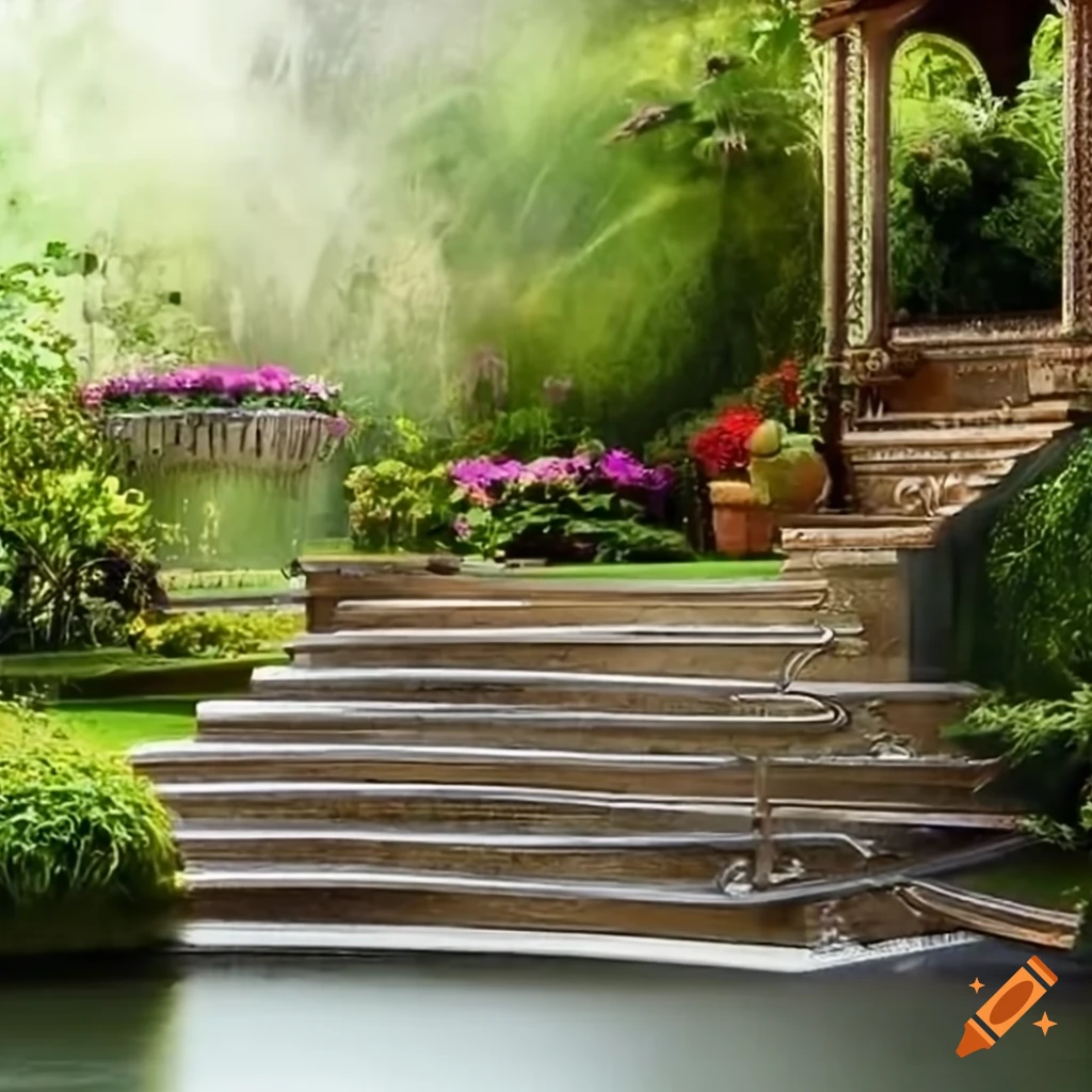 curved silver stairs leading to a balcony in a garden