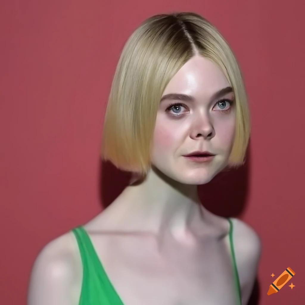 Elle fanning with a straight bob haircut and green tube top on Craiyon
