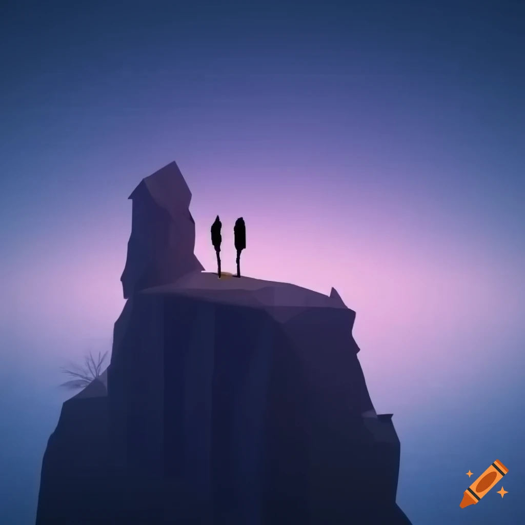 screenshot of a low-poly game character on a cliff overlooking a fog-covered plain