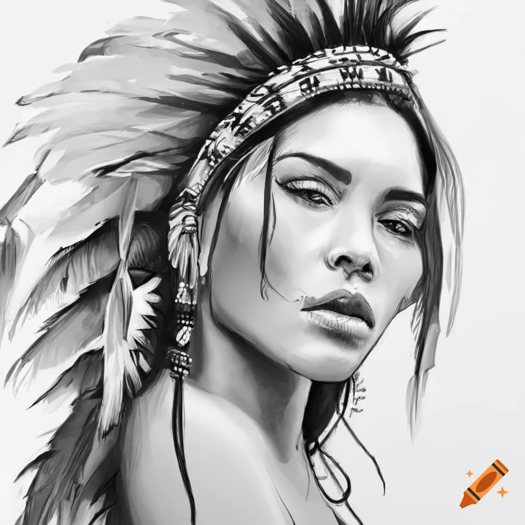 Line art of a native american woman with a feather headdress on Craiyon