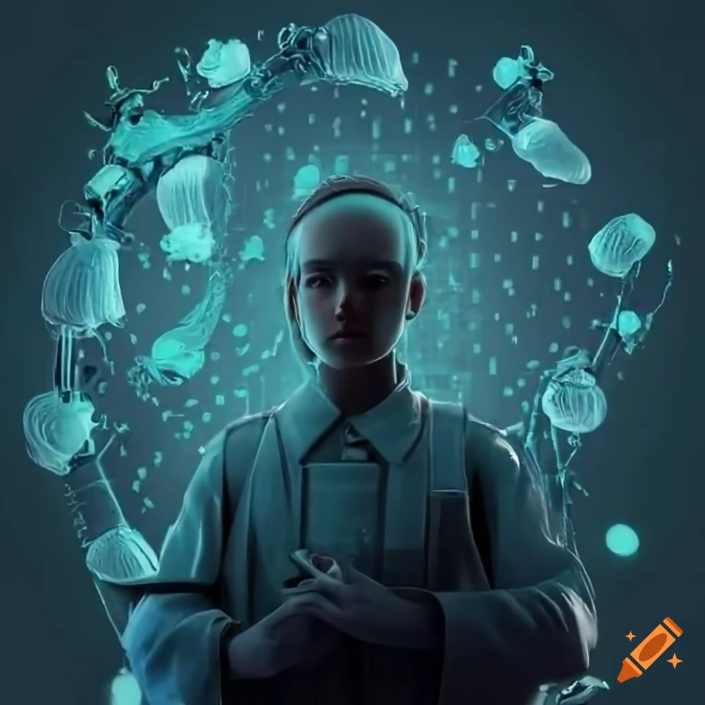 cyberpunk illustration of a scientist surrounded by DNA and laboratory equipment