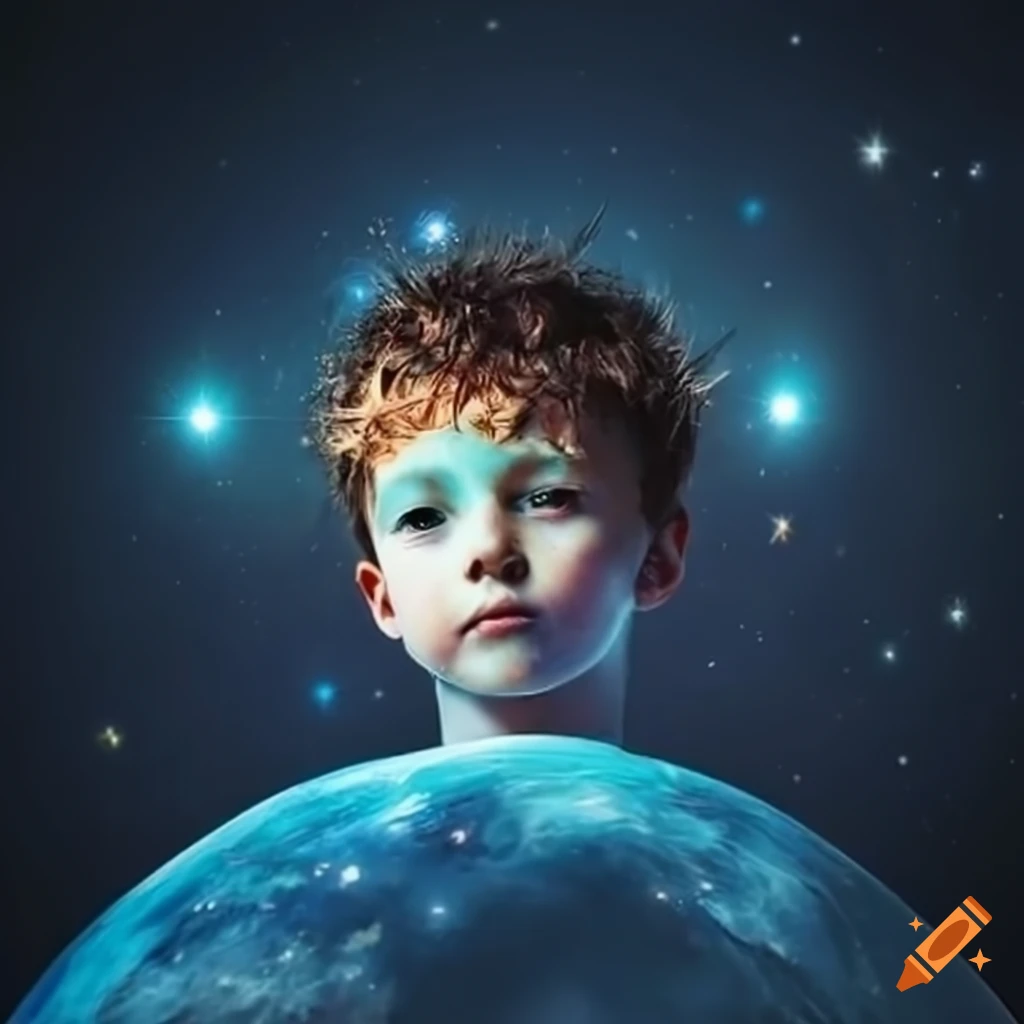 artwork of a boy flying in space