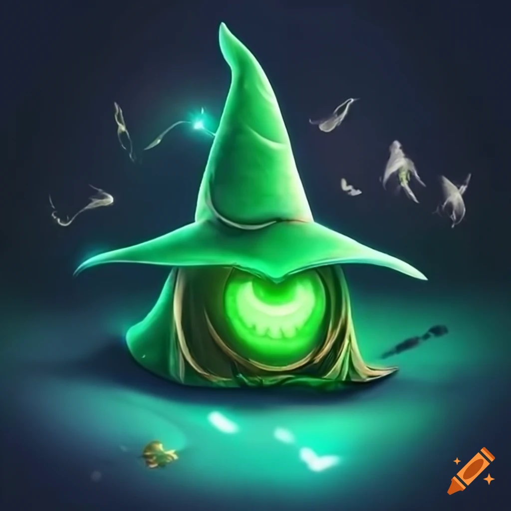 Green witch hat with glowing eyes on a night background