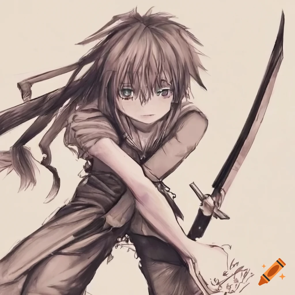 Detailed sketch of a heroic anime character with a sword
