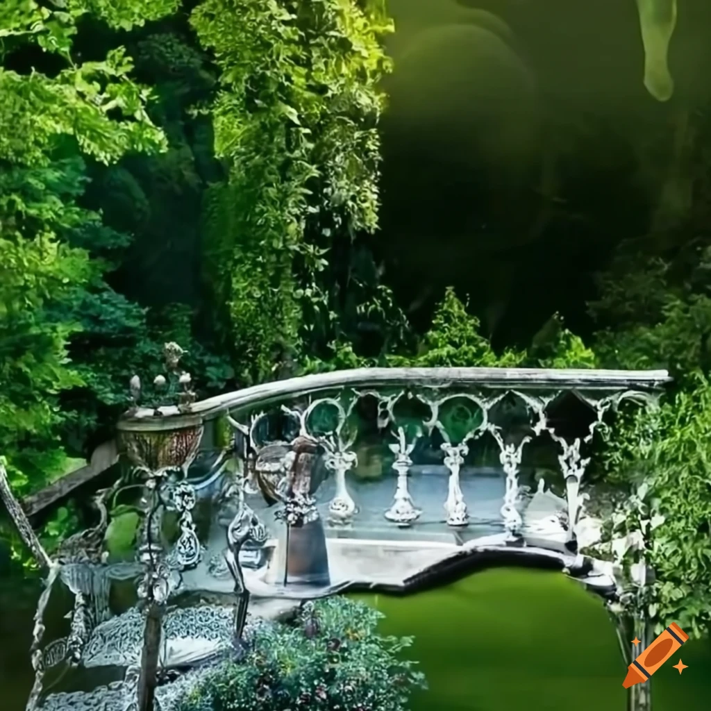 curved silver stairs in a garden leading to a balcony