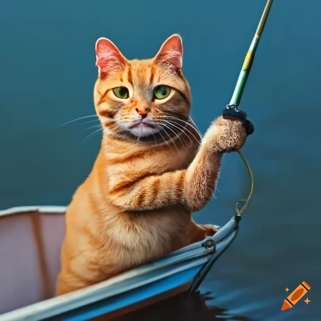 Cat holding a fishing rod on a boat on Craiyon