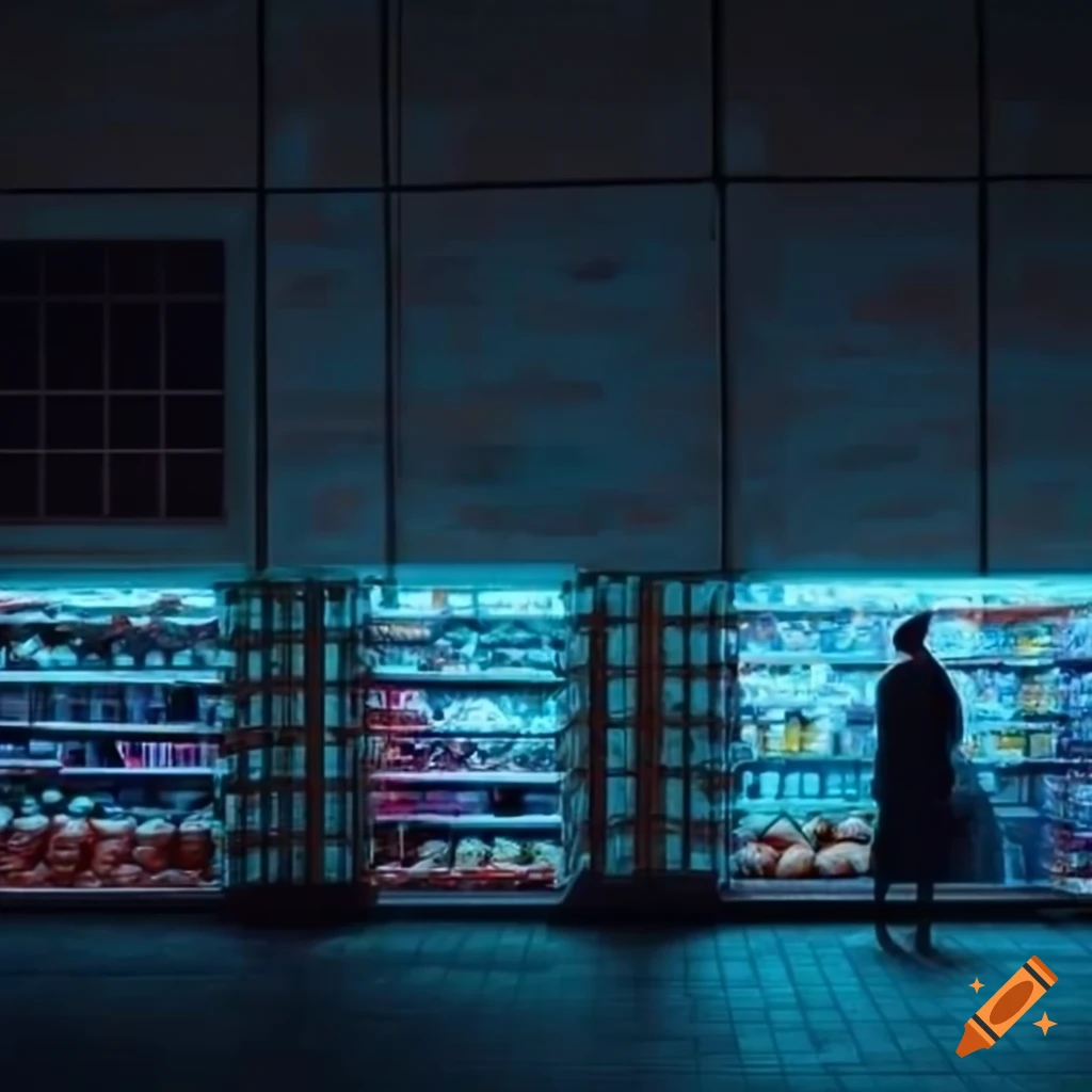 hyper realistic view of a neon-lit grocery store at night