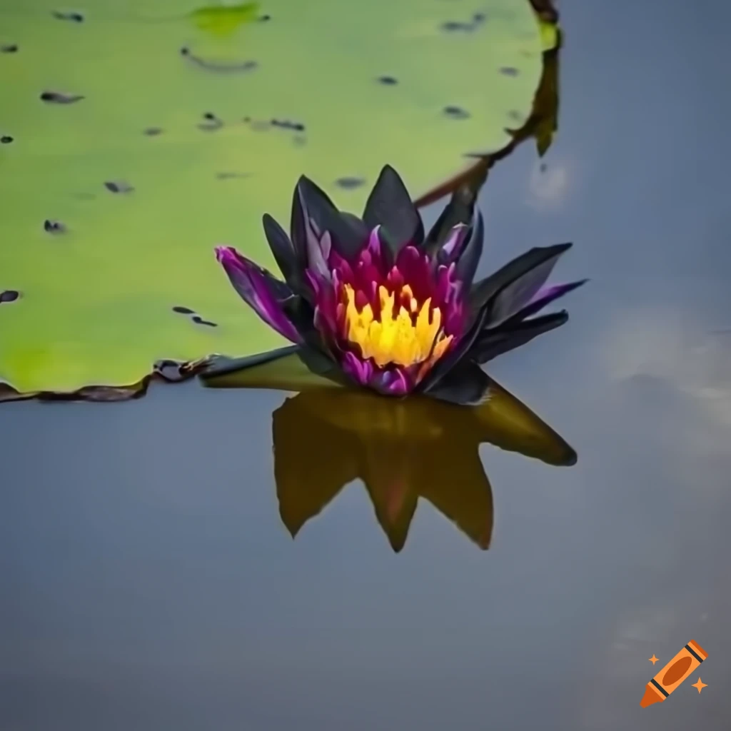 Black water lilies on a sunny pond