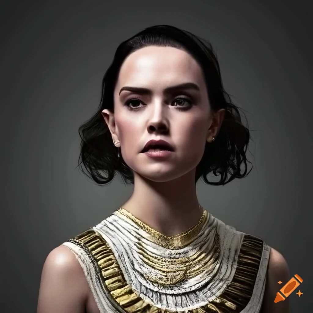 Black and white portrait of daisy ridley in an elegant egyptian attire