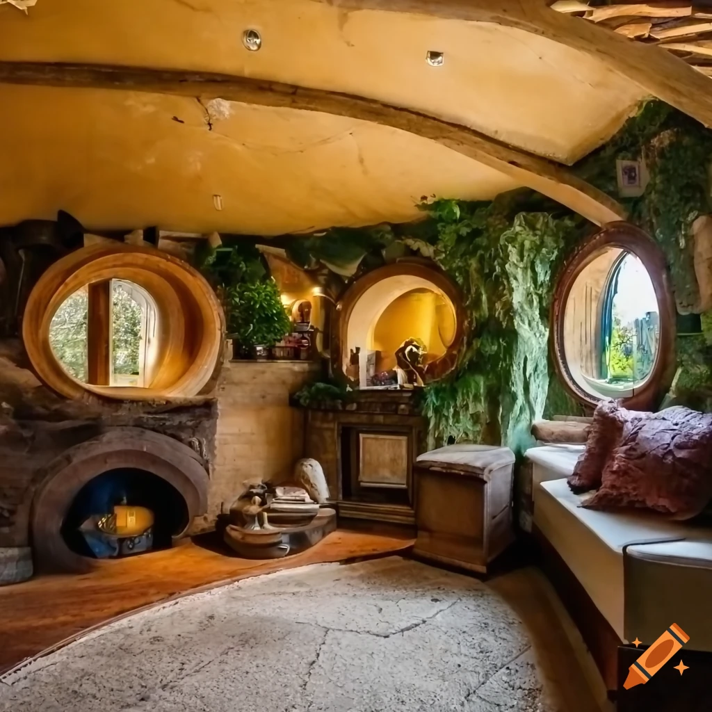 Photograph of a cozy hobbit house interior