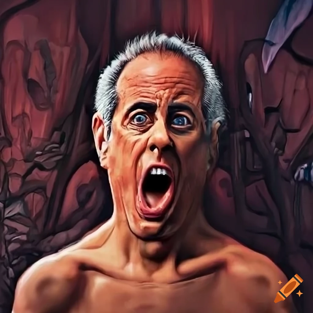 Surreal depiction of jerry seinfeld descending into a strange hellish scene on Craiyon
