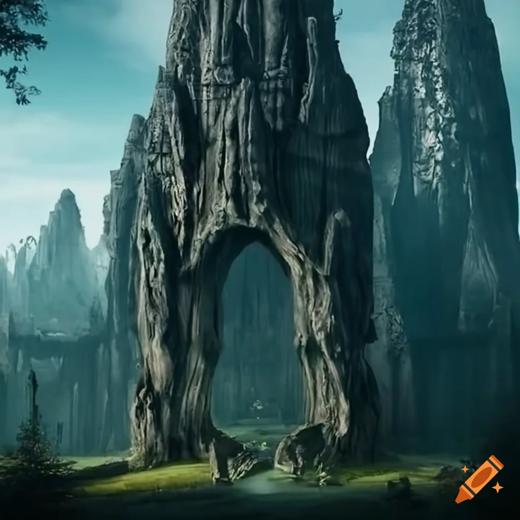 ancient ruins of stone-carved trees in Moria