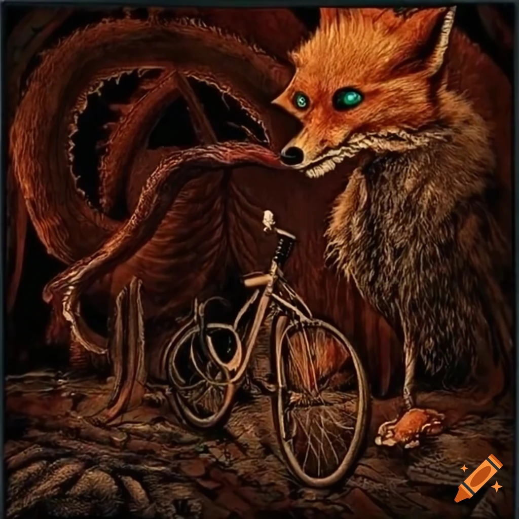 Artistic depiction of a fox riding a bicycle inspired by hp lovecraft
