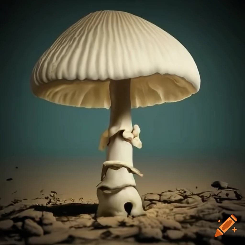 white mushroom skeleton in a desolate wasteland