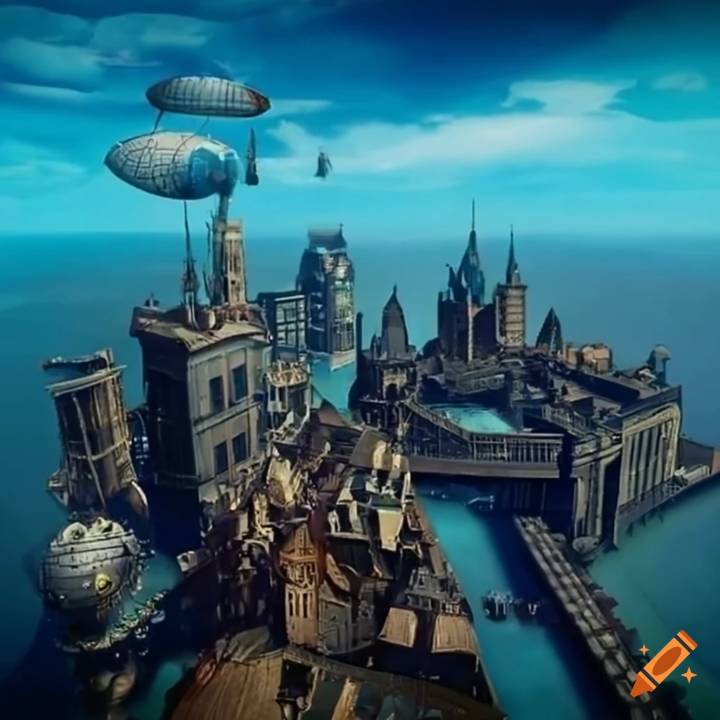 vibrant steampunk city with airships in the sky