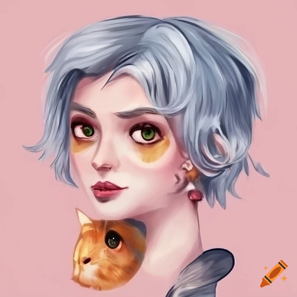 cartoony doodle of a tomboyish lady with white hair and calico cat features