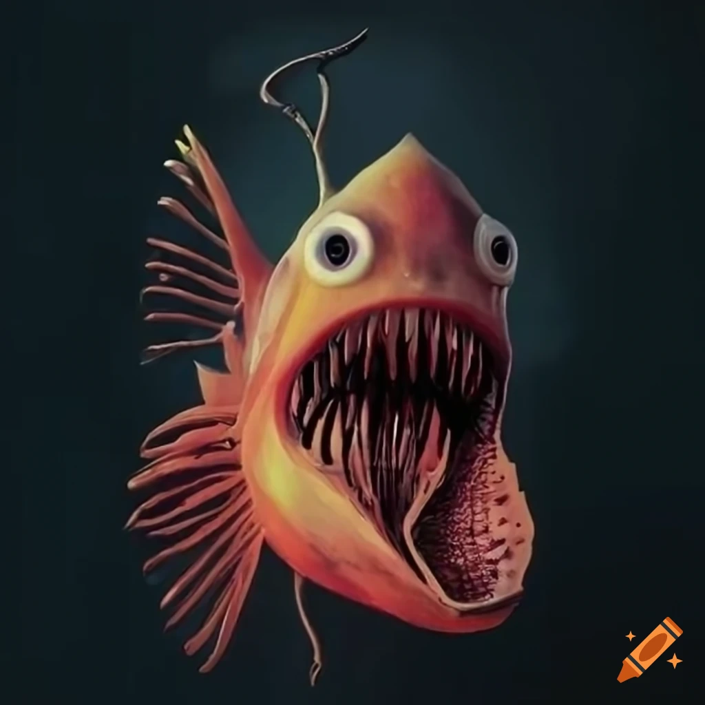 Humanoid muscular anglerfish deep sea monster portrait with