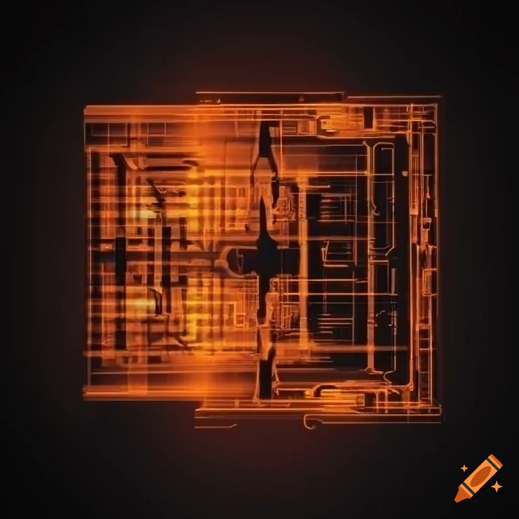 abstract artwork of black and bright orange circuit board blueprint