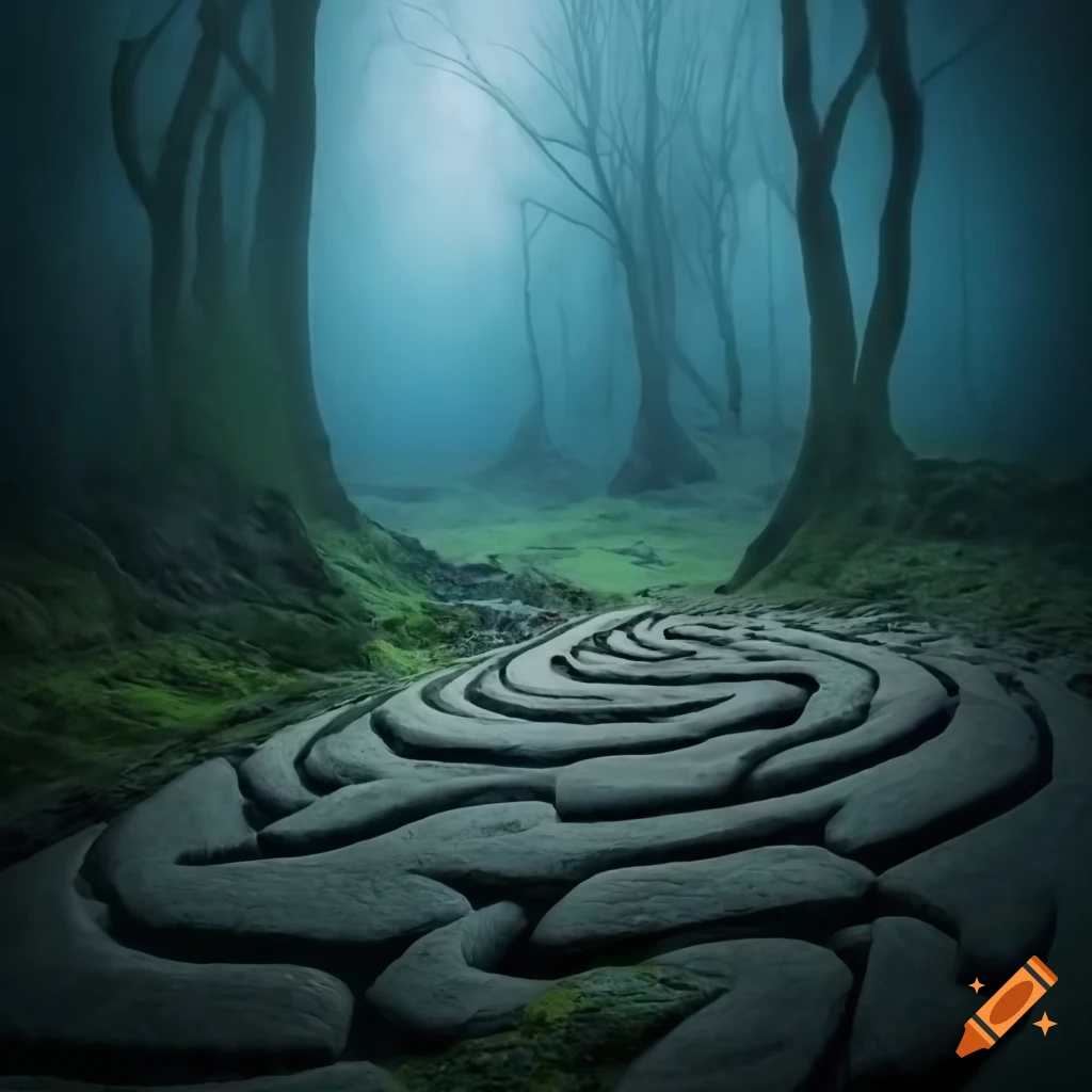 a scenic stone labyrinth with intricate pathways