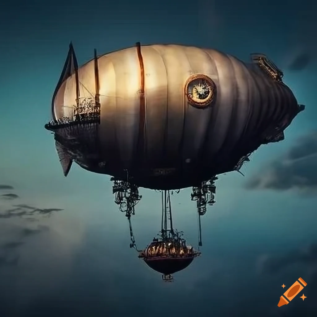 artistic depiction of a steampunk airship in the sky