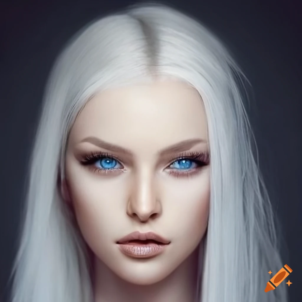 Woman, blond streight hair, big eyes, blue eyes, light skin, very slim  face, long beard on Craiyon