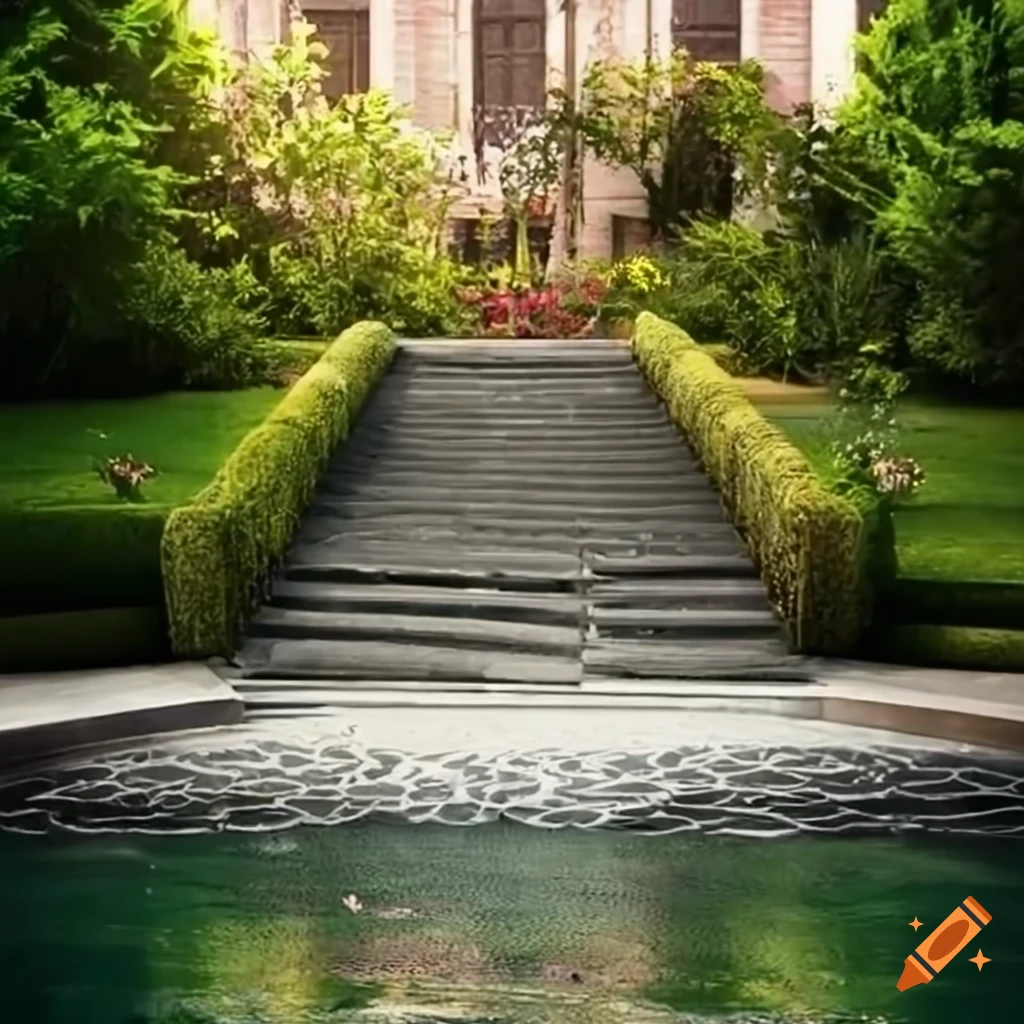 curved silver stairs leading to a balcony in a garden