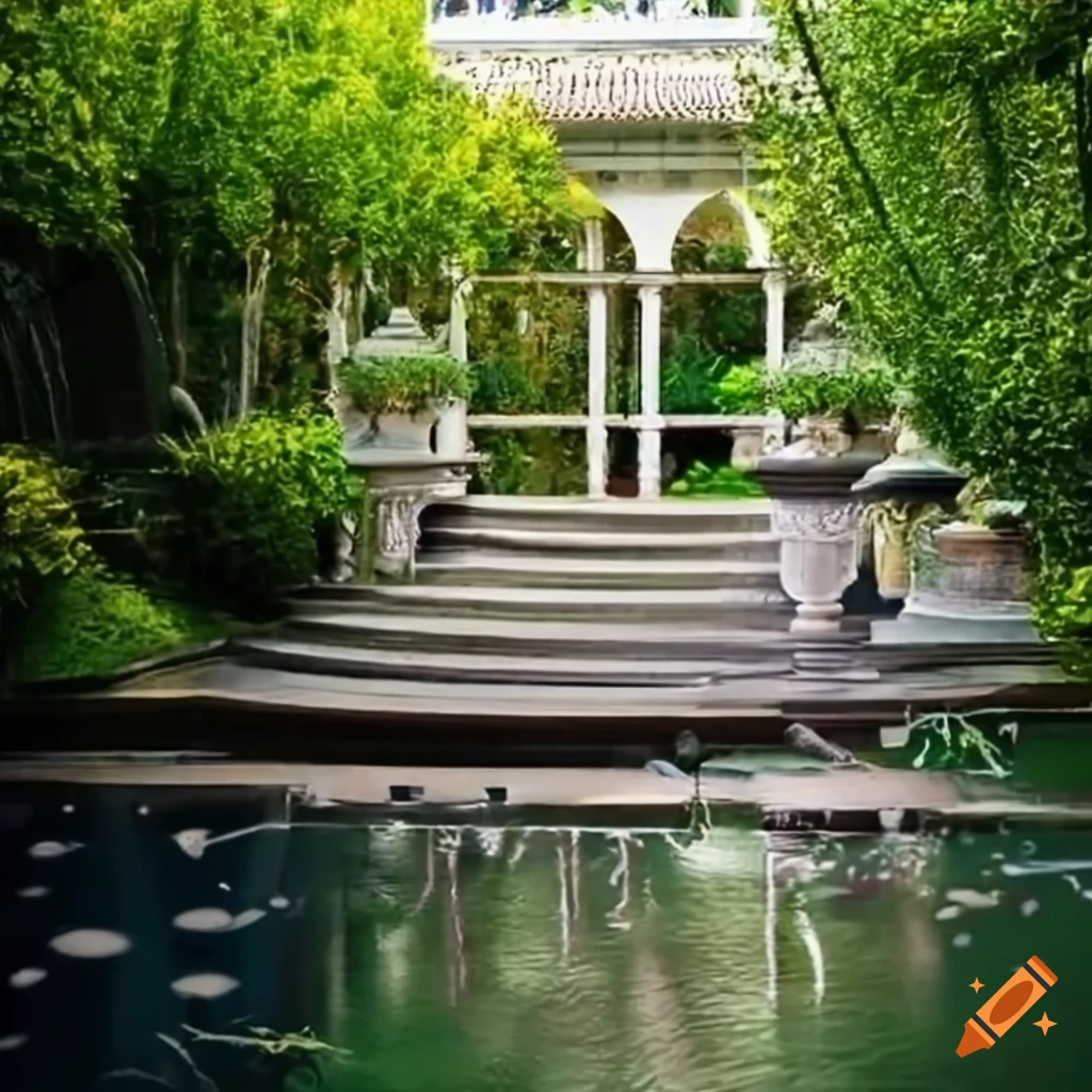 curved silver stairs leading to a balcony in a garden