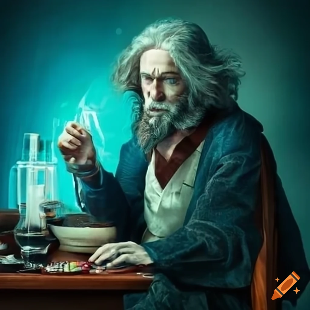Man sitting in an alchemy laboratory on Craiyon