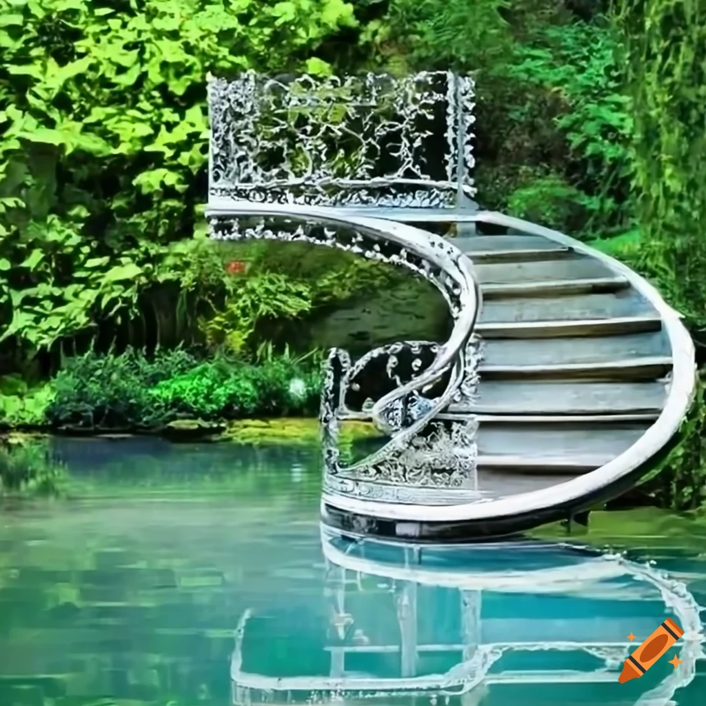 curved silver stairs leading to a balcony in a garden
