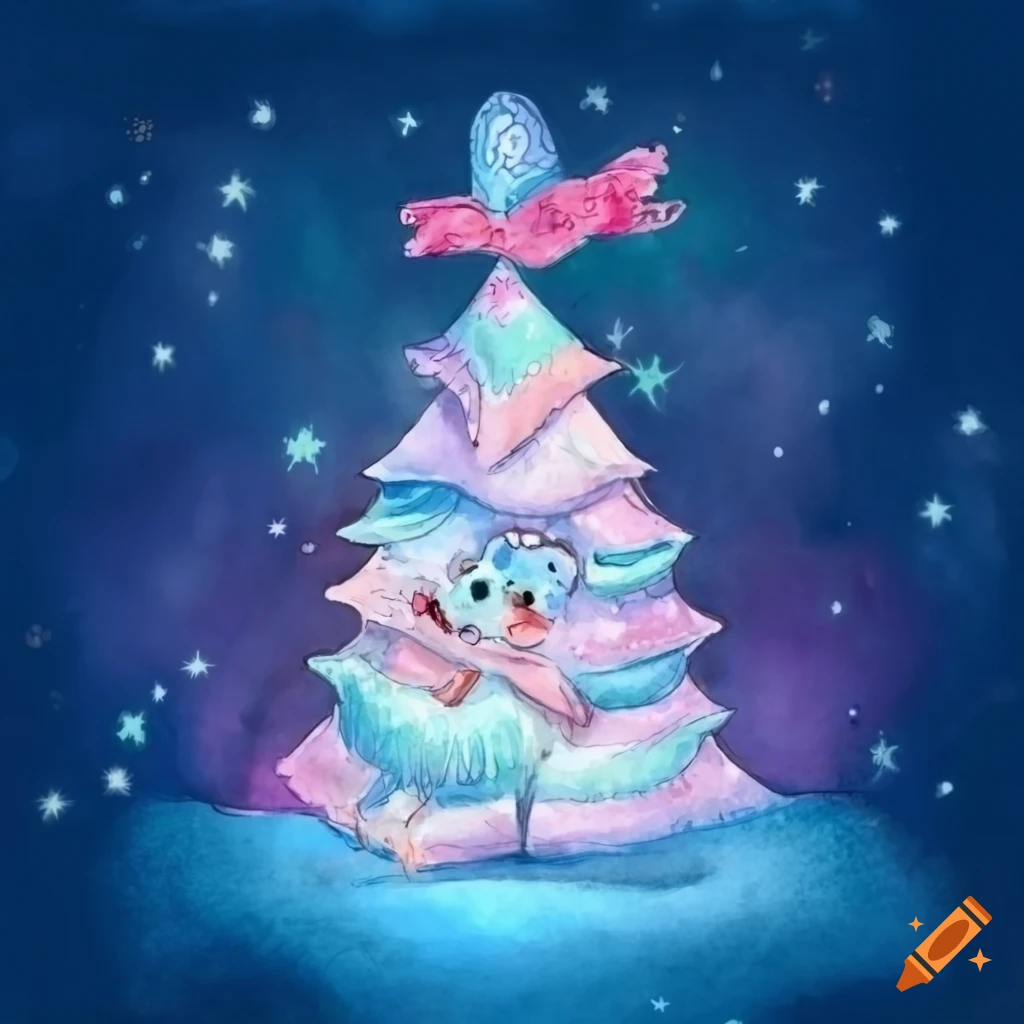 watercolor Christmas tree with a cute rabbit and dog hugging