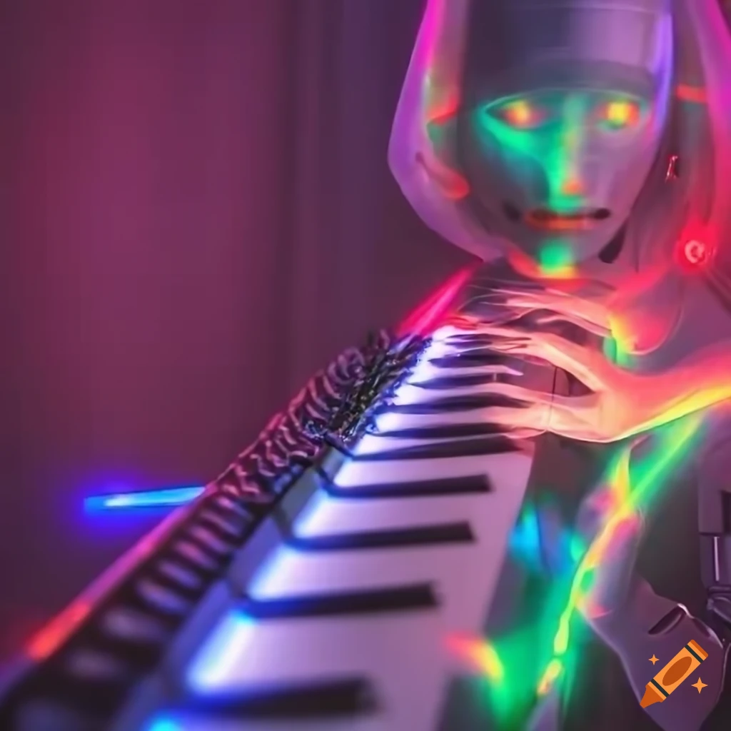 futuristic robot playing synthesizer with lasers and colored lighting
