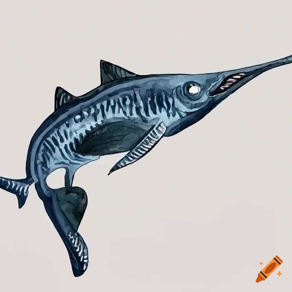Watercolor illustration of a side view of paddlefish