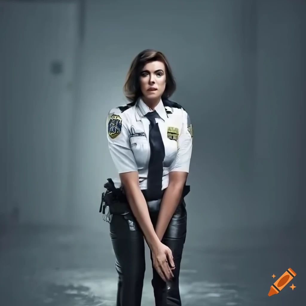 close-up photograph of a stunning policewoman in a white shirt and black leather trousers