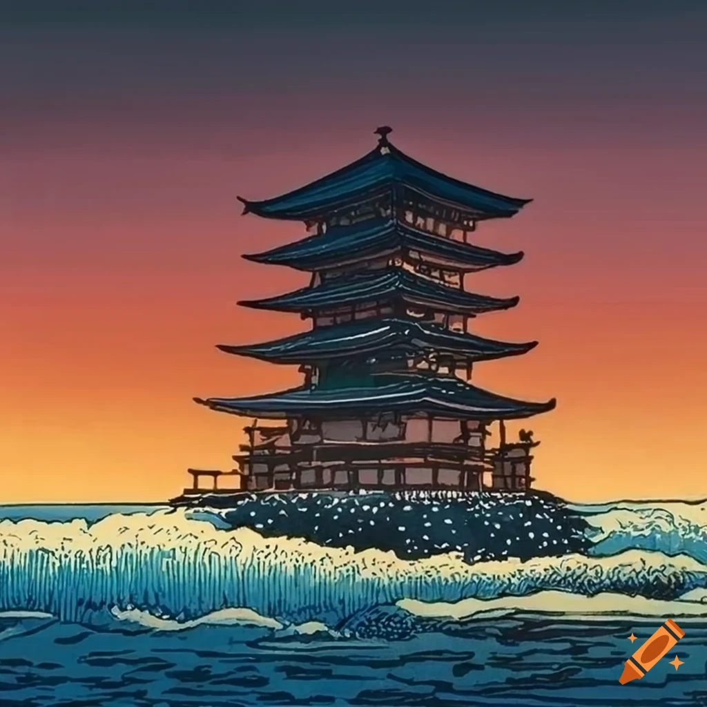 Hasui Kawase inspired artwork of a temple on an island at sunset