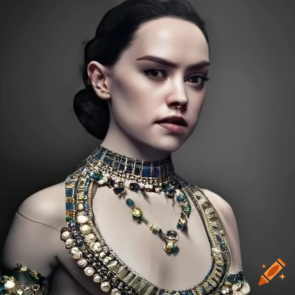Black and white portrait of daisy ridley as an egyptian noblewoman