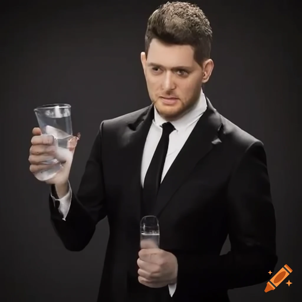Michael buble holding a glass of sparkling water on Craiyon