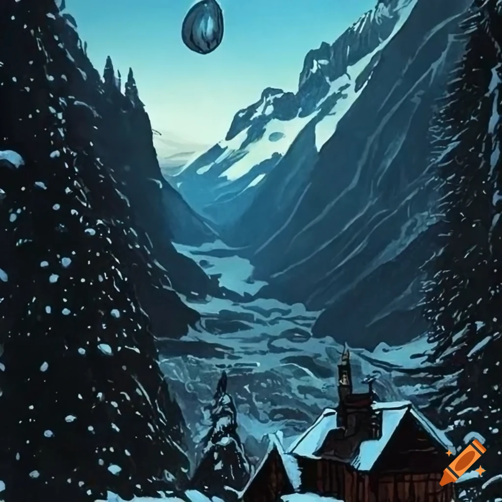 Swiss Mountain Valley illustration from a noir graphic novel