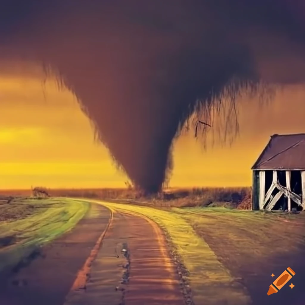 Image of a tornado near an old barn and a yellow brick road on craiyon