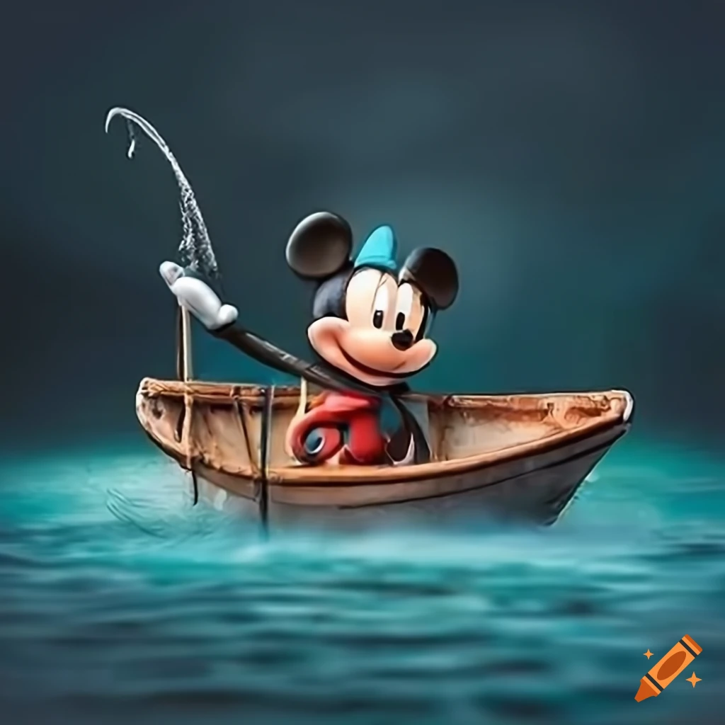 2d artwork of mickey mouse fishing in a boat on Craiyon