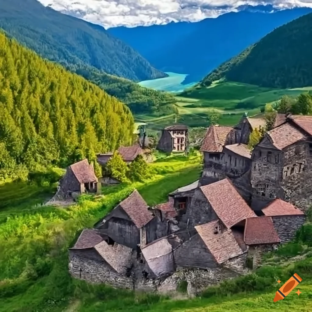 Medieval hamlet in the mountains with cultivated land on Craiyon