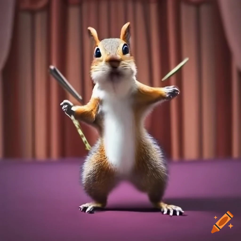 squirrel in uniform marching into a theater