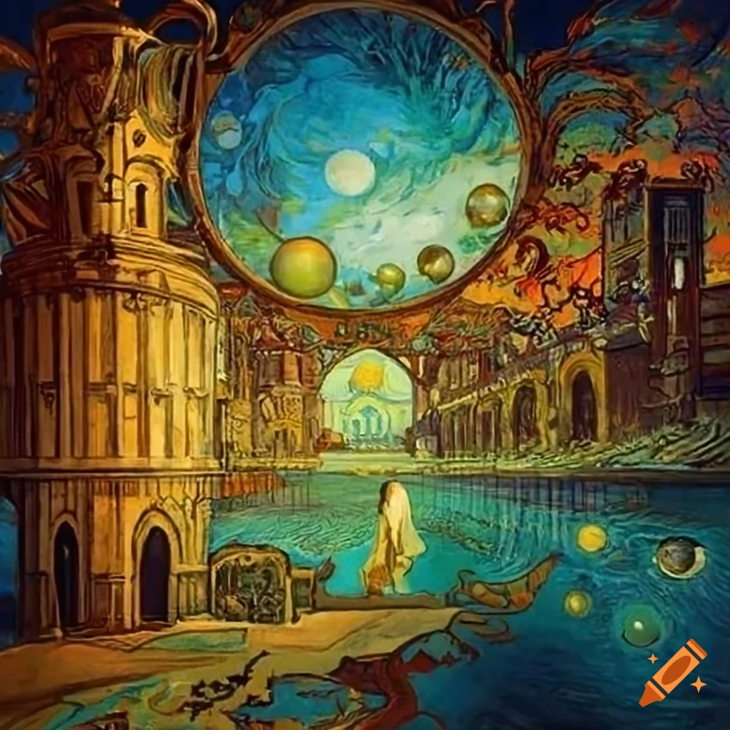 Colorful fantasy artwork with floating planets and golden lights on Craiyon