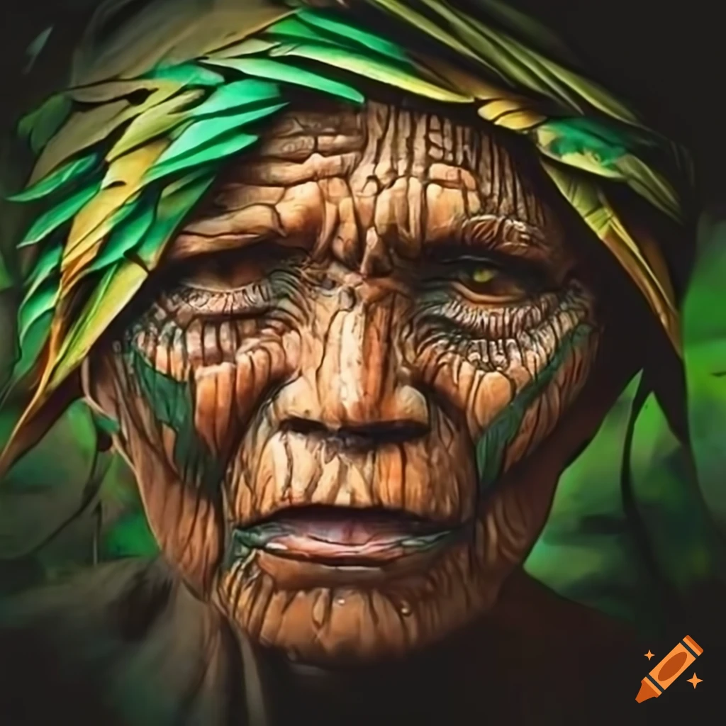 pintura de un rostro indígena guaraní en un paisaje de ruinas y selva