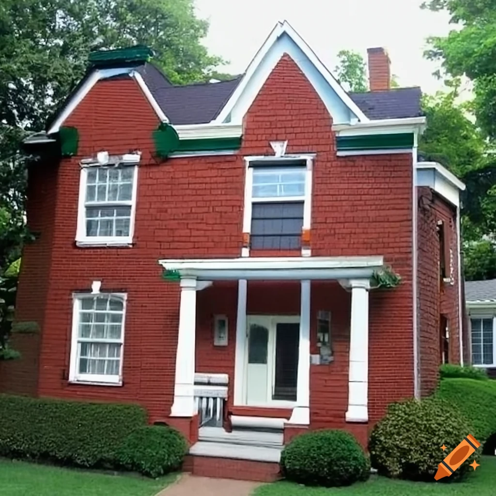 Red brick house with white columns and wraparound porch on Craiyon