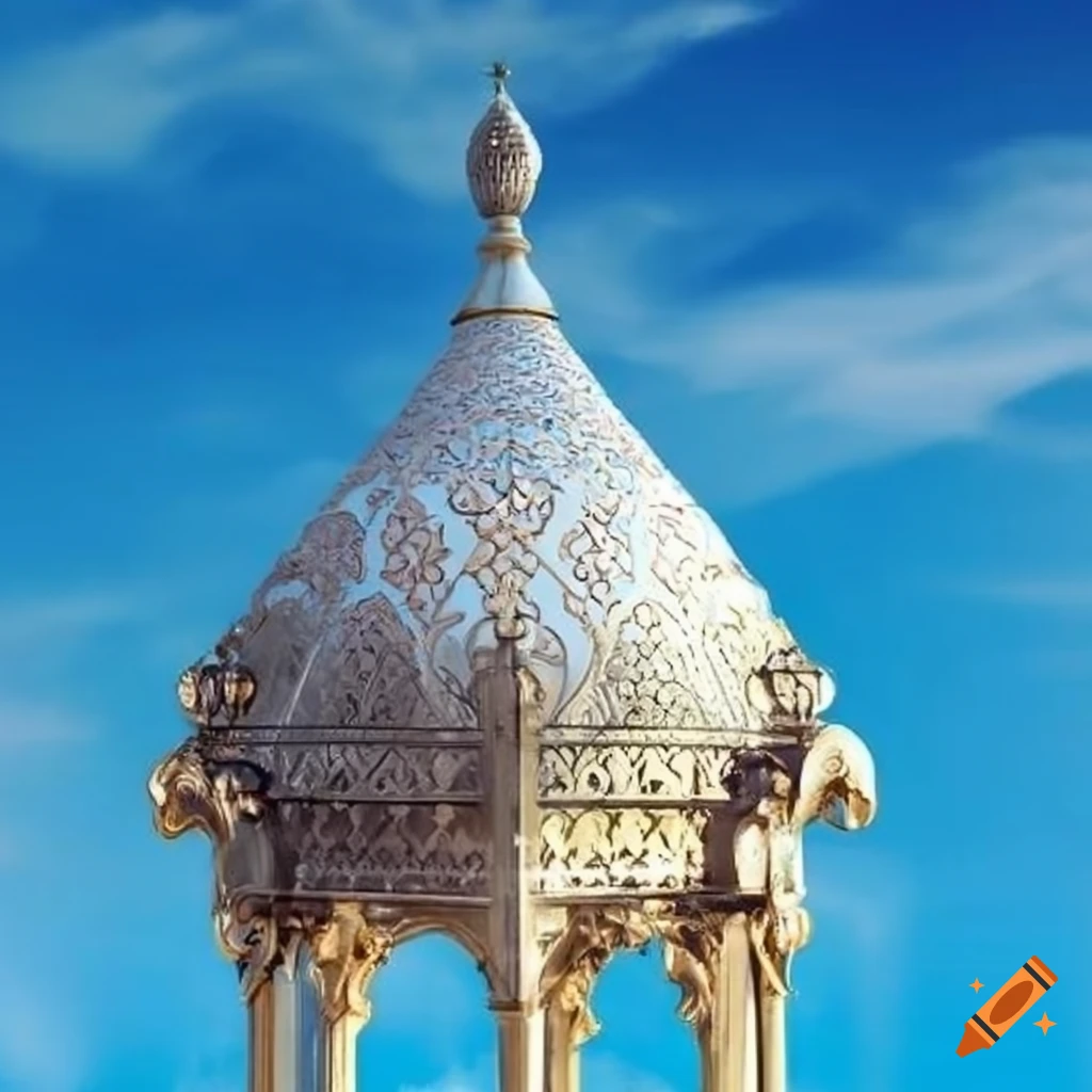 ornamental silver Islamic gazebo against a sky blue sky
