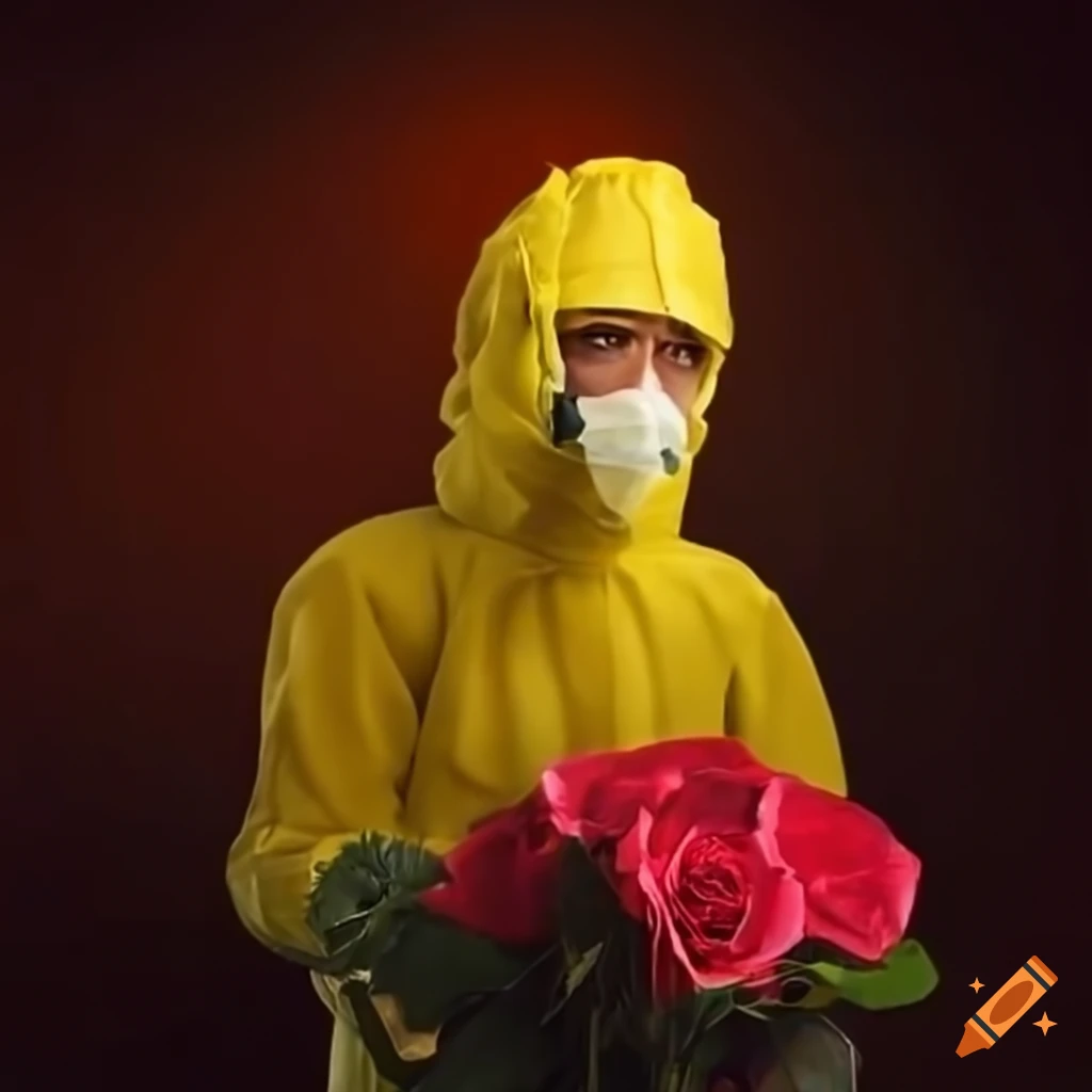 man in hazmat suit on a date with roses