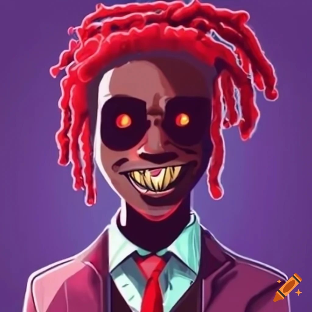 character design of a demonic styled Black African man with red dreadlocks